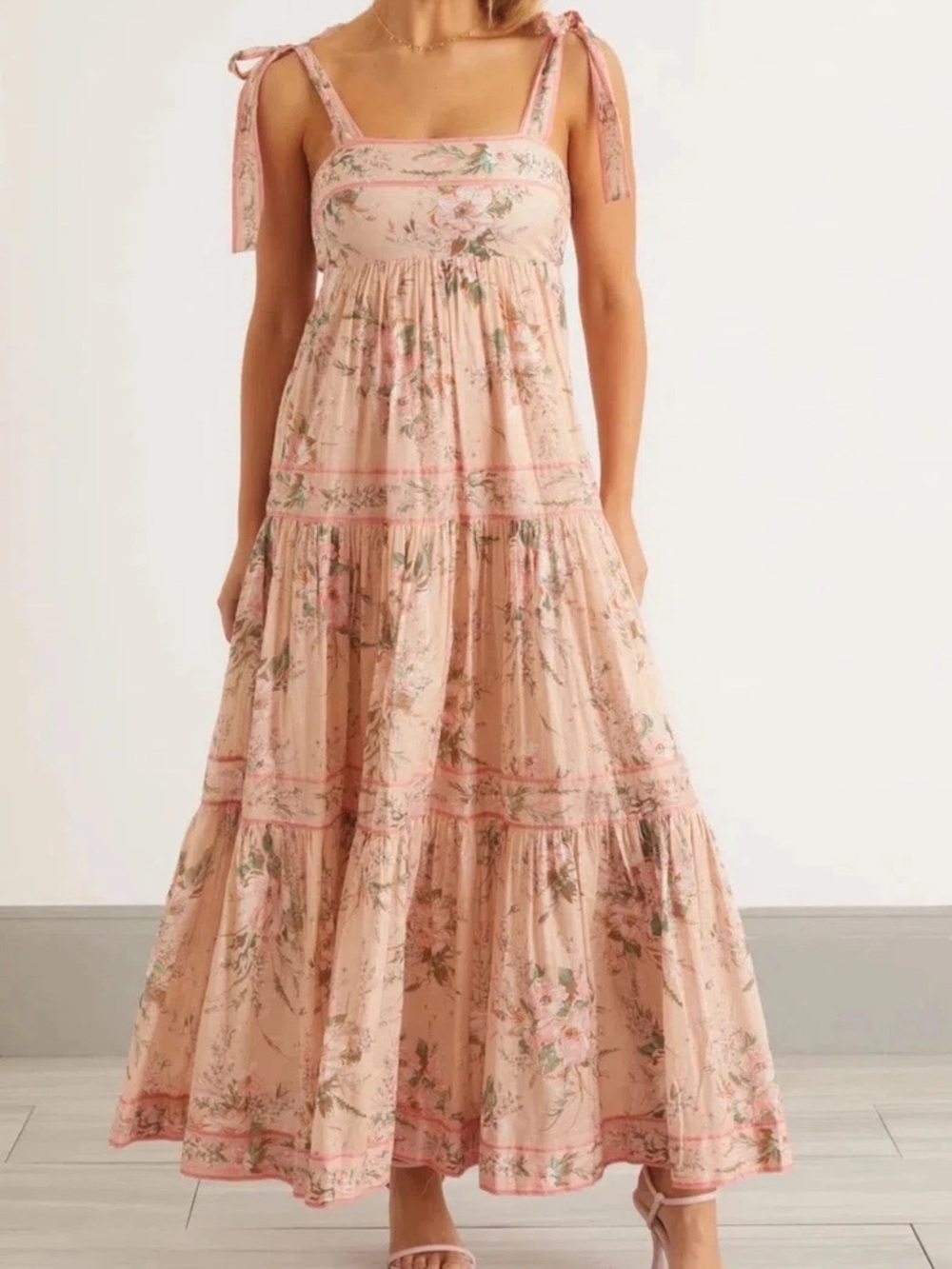 Zimmermann Floral Tie-Shoulder Maxi Dress in Blush Pink
